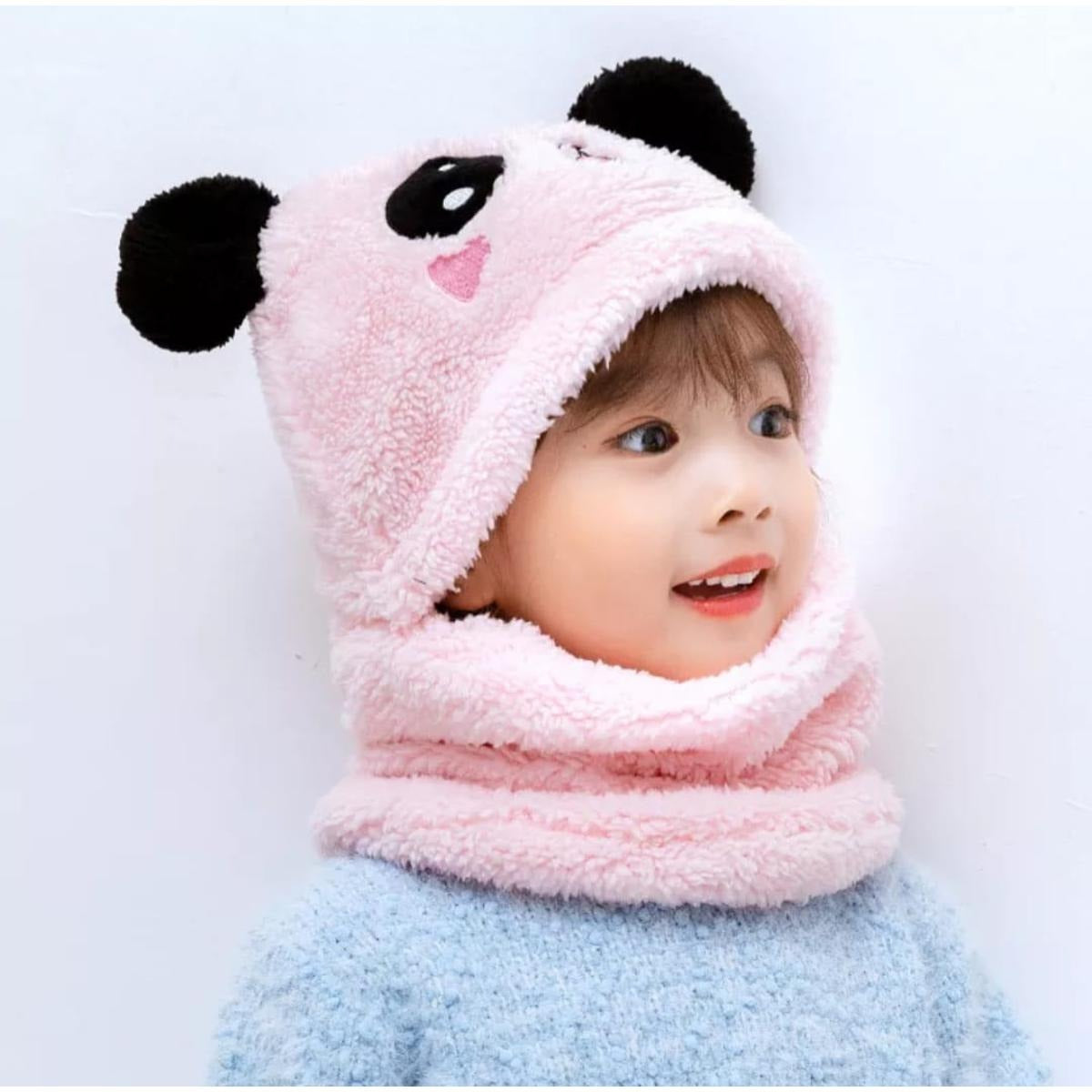 Kids Winter Panda Wool Cap With Neck Warmer – Warm And Cozy Cartoon Panda Design Baby Cap For Winter Protection (Random Color)