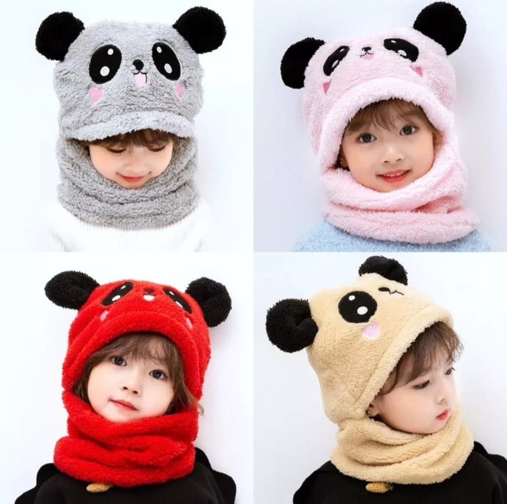 Kids Winter Panda Wool Cap With Neck Warmer – Warm And Cozy Cartoon Panda Design Baby Cap For Winter Protection (Random Color)